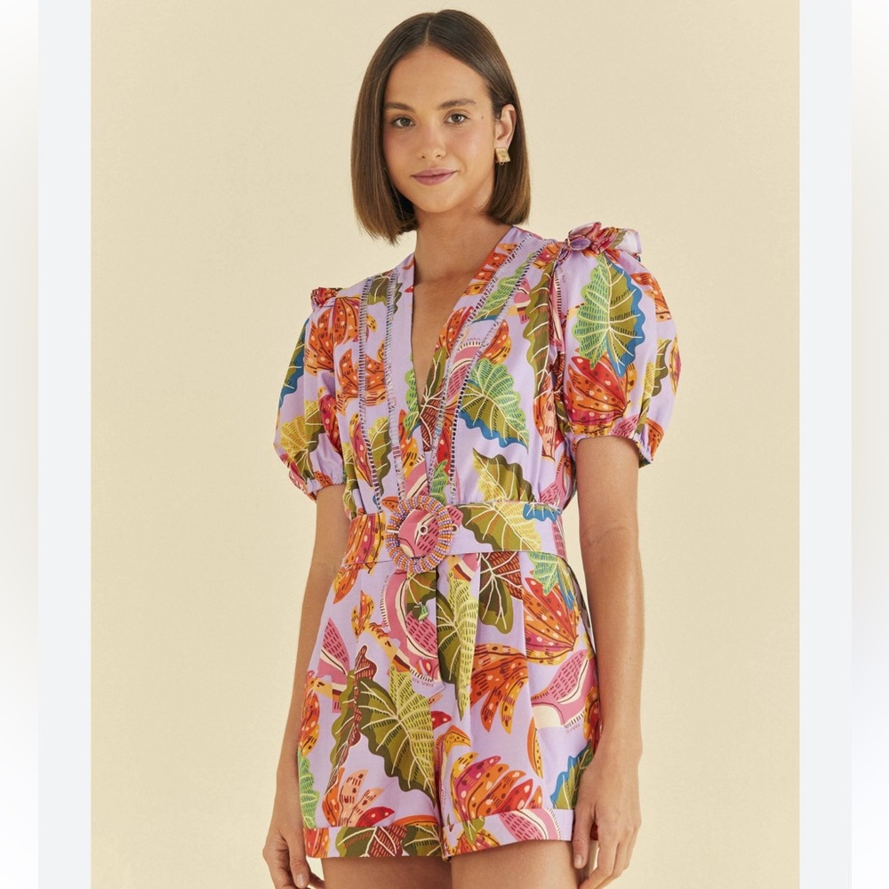 Farm Rio Lilac Beaks & Bananas V Neck Romper